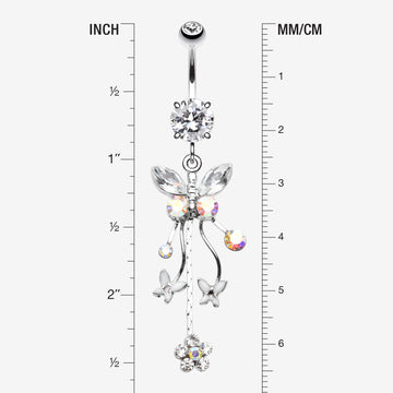 Detail View 1 of Butterfly Flower Garden Dangle Sparkle Belly Button Ring-Aurora Borealis/Clear Gem